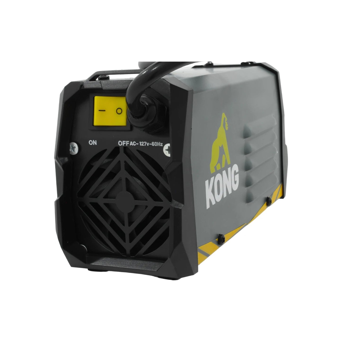 Soldadora inversora Kong 130A gris con detalles amarillos, switch ON/OFF, rejilla de ventilación y entrada 127V.