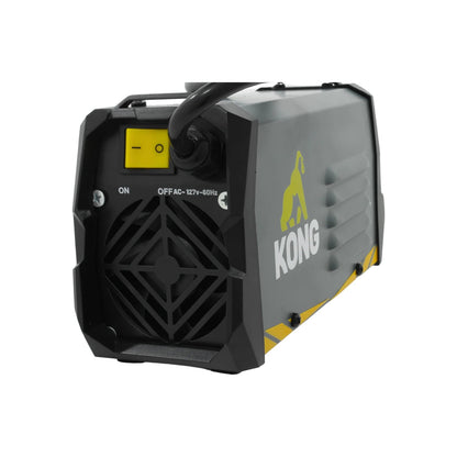 Soldadora inversora Kong 130A gris con detalles amarillos, switch ON/OFF, rejilla de ventilación y entrada 127V.
