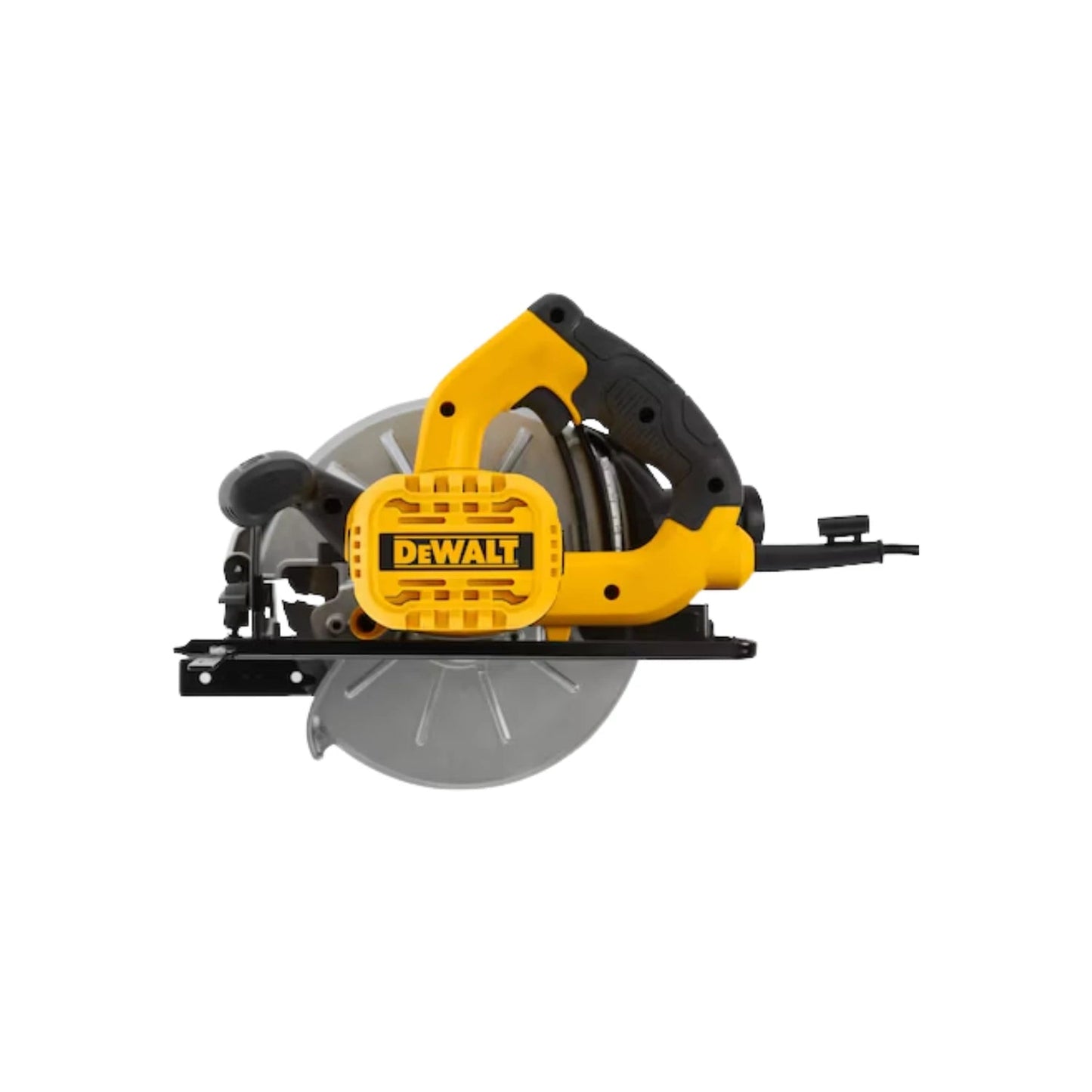 Sierra circular DeWalt amarilla y negra, herramienta eléctrica para cortes rápidos en madera.