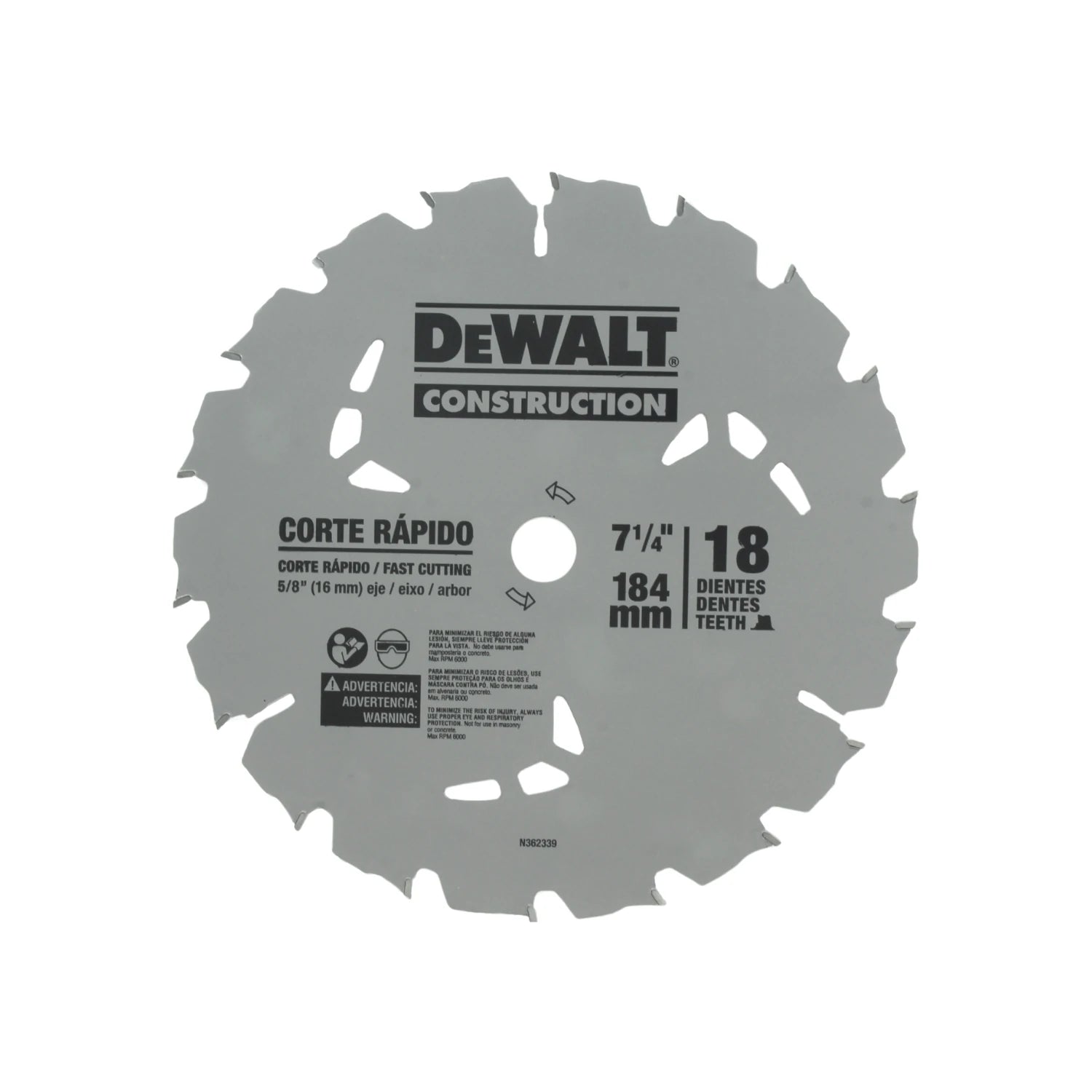 Disco de sierra circular Dewalt 7 1/4" de 18 dientes para corte rápido de madera, eje 5/8" (16mm)