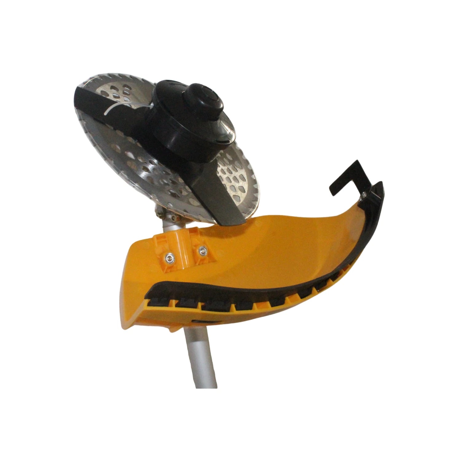 Cabezal de desbrozadora con protector de seguridad amarillo y cuchilla metálica dentada para cortar maleza
