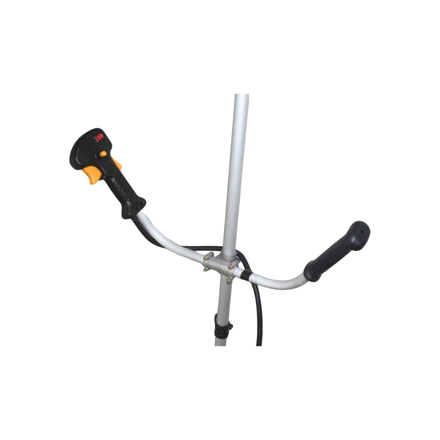 Manillar de desbrozadora tipo bicicleta con empuñadura ergonómica negra y control de acelerador amarillo/negro