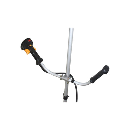 Manillar de desbrozadora tipo bicicleta con empuñadura ergonómica negra y control de acelerador amarillo/negro