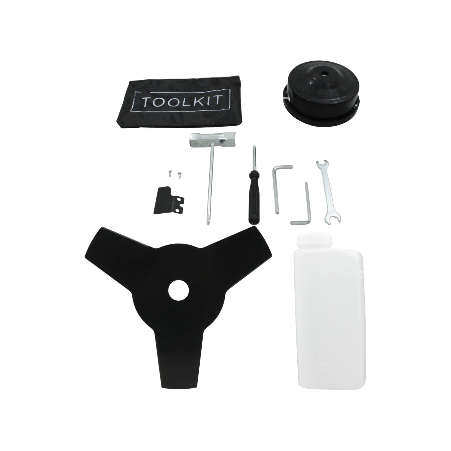 Kit de accesorios y herramientas para desbrozadora: cuchilla 3 puntas, cabezal nylon, bote mezcla combustible, llaves.