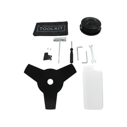 Kit de accesorios y herramientas para desbrozadora: cuchilla 3 puntas, cabezal nylon, bote mezcla combustible, llaves.