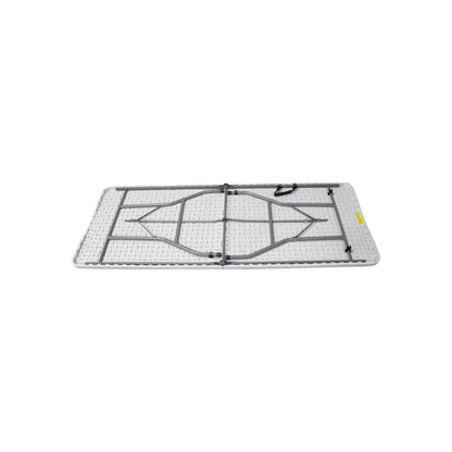 Mesa plegable rectangular blanca, vista inferior con estructura metálica gris y patas plegadas para almacenamiento