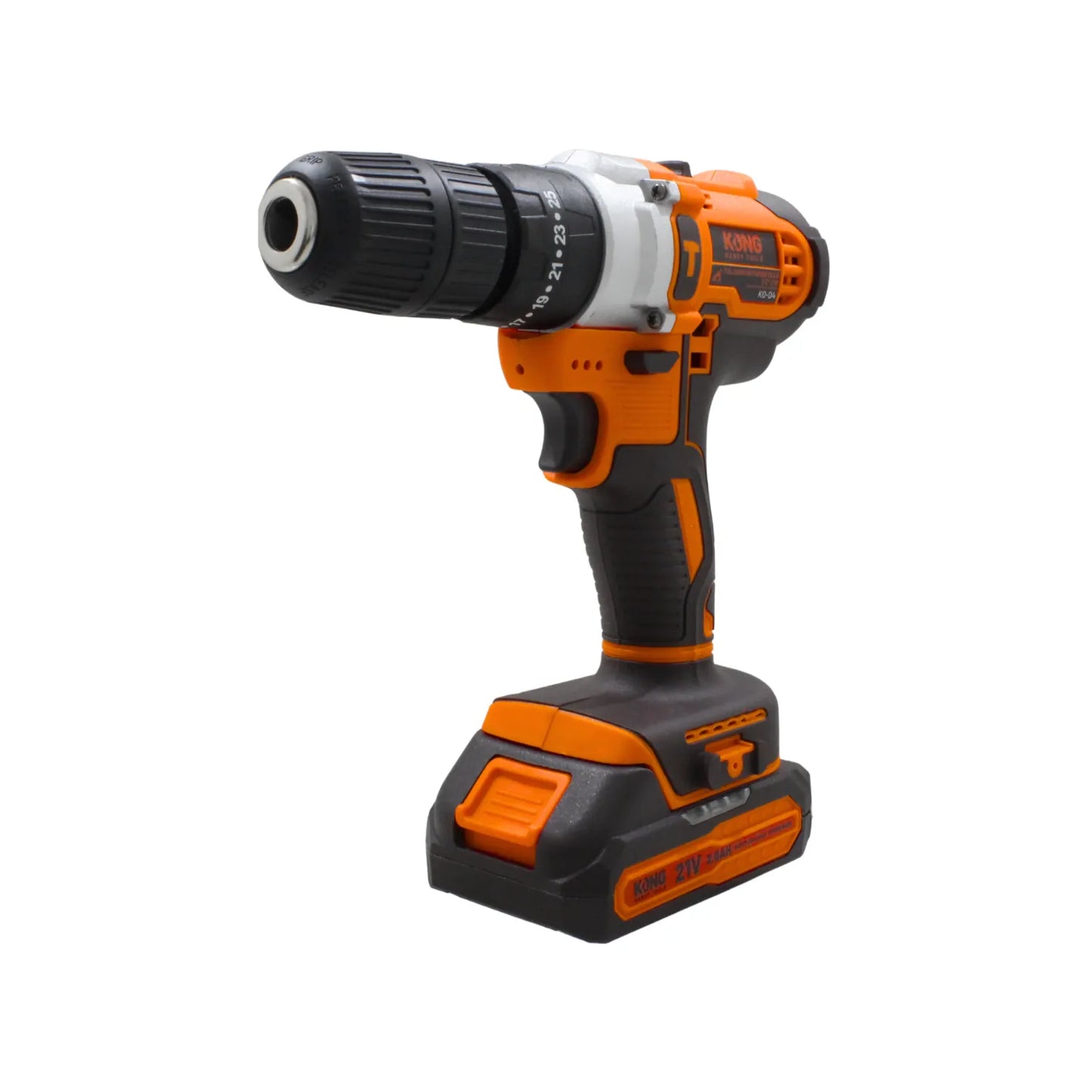 Taladro atornillador inalámbrico Kong 21V con batería de litio 2.0Ah color naranja y negro para trabajos de ferretería.