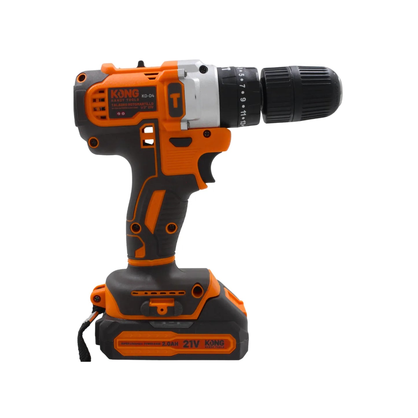 Taladro rotomartillo inalámbrico KONG 21V con batería de litio 2.0Ah y diseño ergonómico naranja y negro.