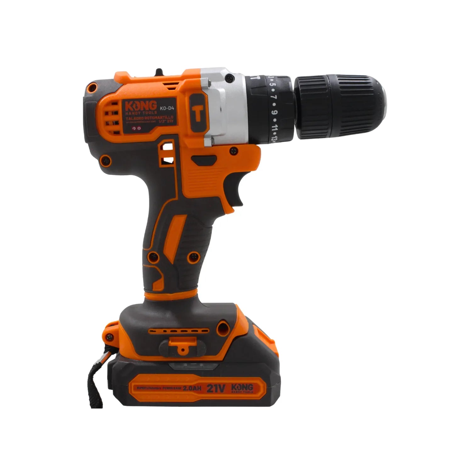 Taladro rotomartillo inalámbrico KONG 21V con batería de litio 2.0Ah y diseño ergonómico naranja y negro.