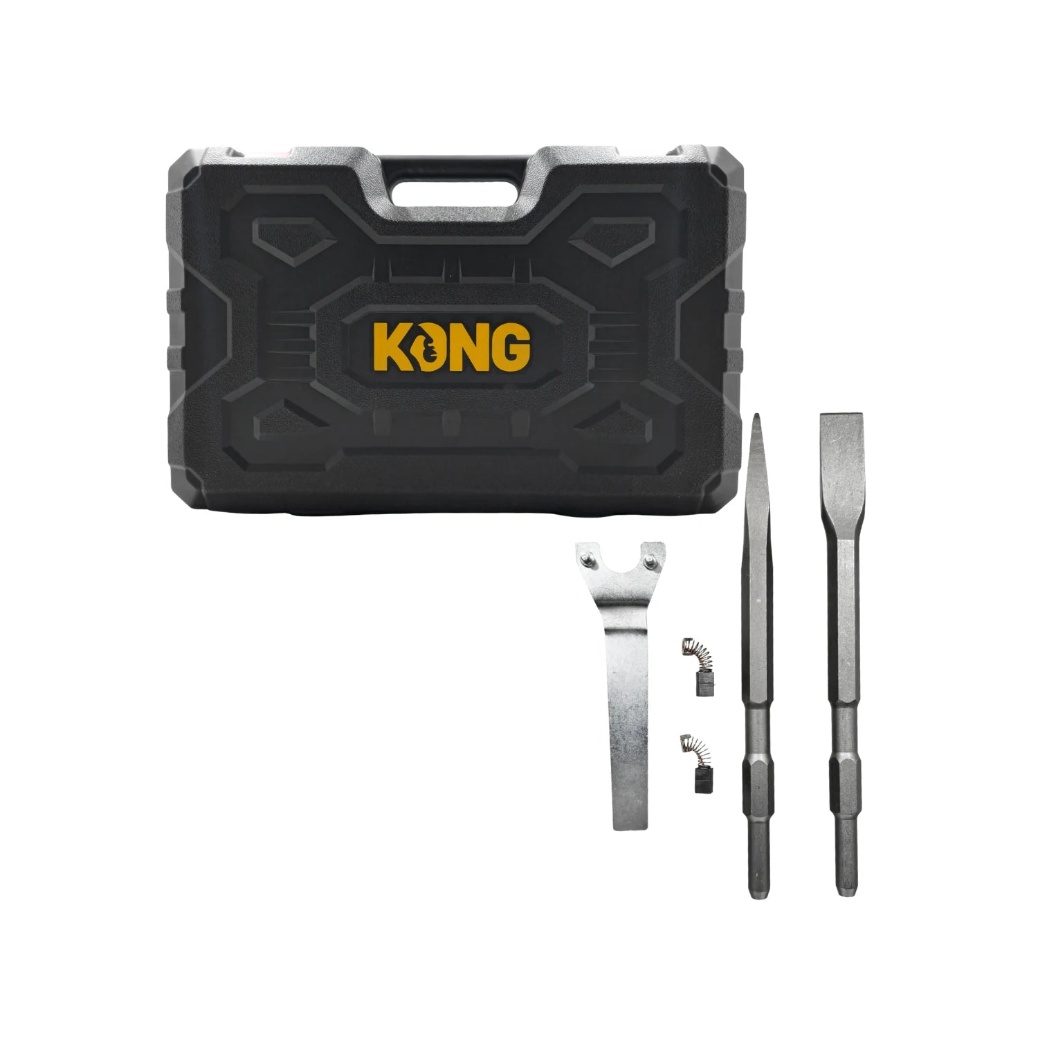 Accesorios KONG para martillo demoledor: incluye cinceles puntero y plano, llave y carbones de repuesto, en estuche negro.