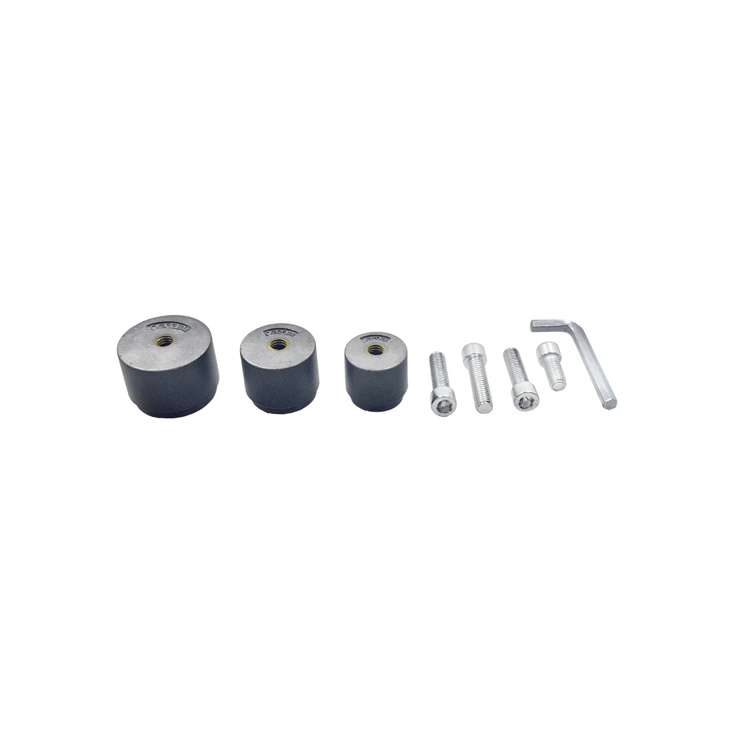 Kit de contrapesos cilíndricos grises con insertos roscados, incluye cuatro tornillos de acero y llave Allen para ajuste.