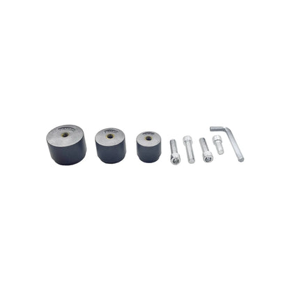 Kit de contrapesos cilíndricos grises con insertos roscados, incluye cuatro tornillos de acero y llave Allen para ajuste.