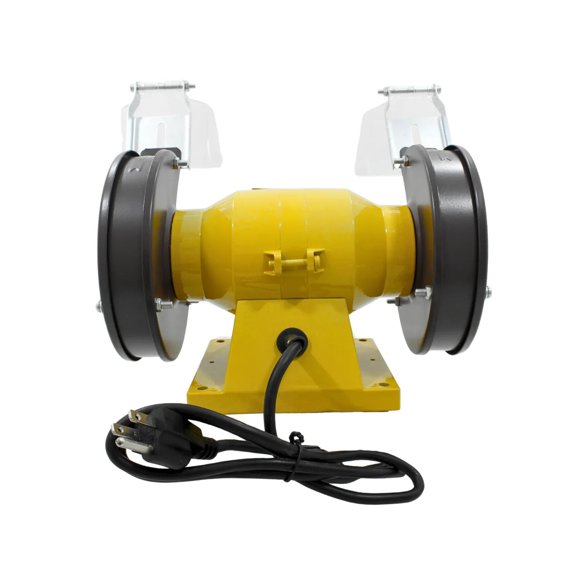 Esmeril de banco amarillo con micas de seguridad y protectores de disco para afilado y desbaste en taller.