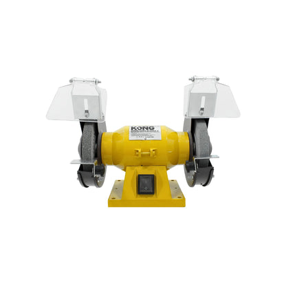 Esmeriladora de banco KONG amarilla de 5 pulgadas con doble disco y protectores oculares para afilado y pulido.