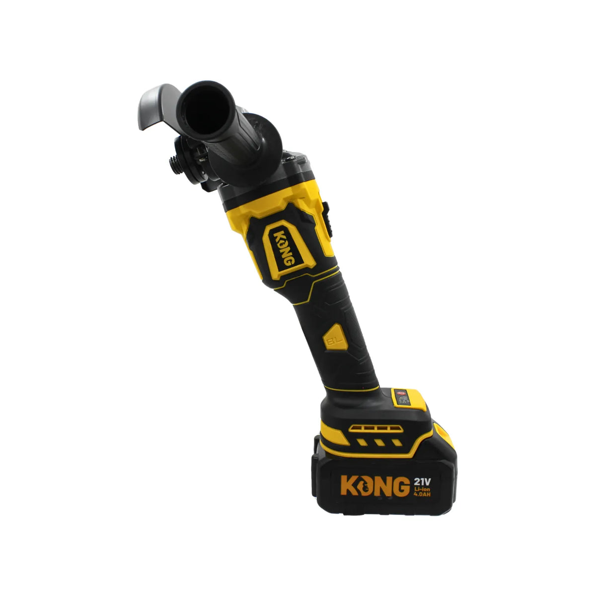 Esmeril angular inalámbrico Kong 21V con batería de litio 4.0Ah motor brushless y mango ergonómico amarillo y negro