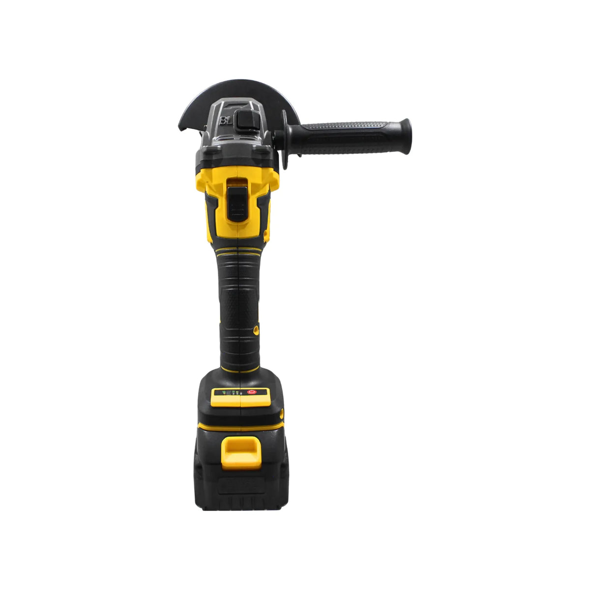 Esmeriladora angular inalámbrica motor brushless con batería de litio y mango lateral color amarillo y negro