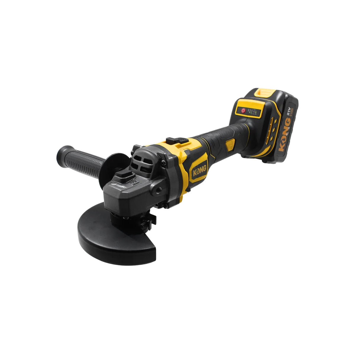 Esmeril angular inalámbrico KONG 21V amarillo con mango auxiliar y batería de litio para corte y desbaste profesional