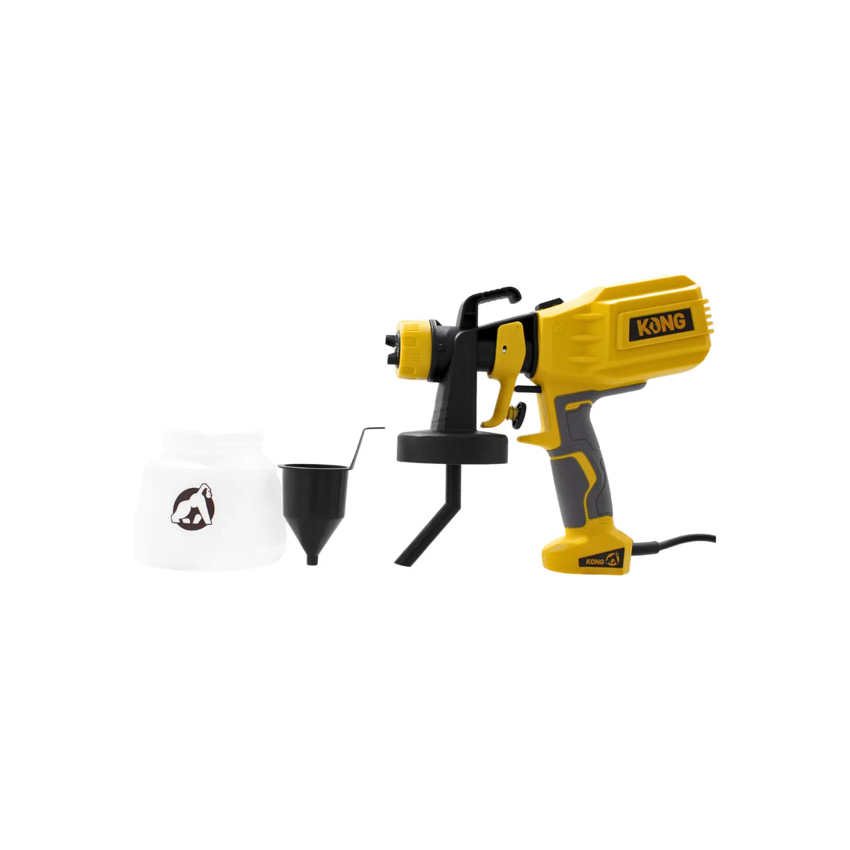Pistola de pintar eléctrica marca KONG amarilla con depósito y copa de viscosidad para trabajos de pintura.
