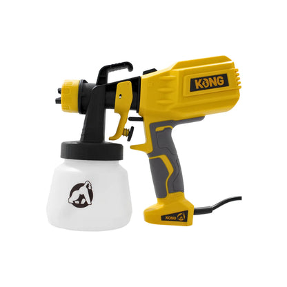 Pistola para pintar eléctrica marca KONG color amarillo con depósito blanco y mango ergonómico antideslizante