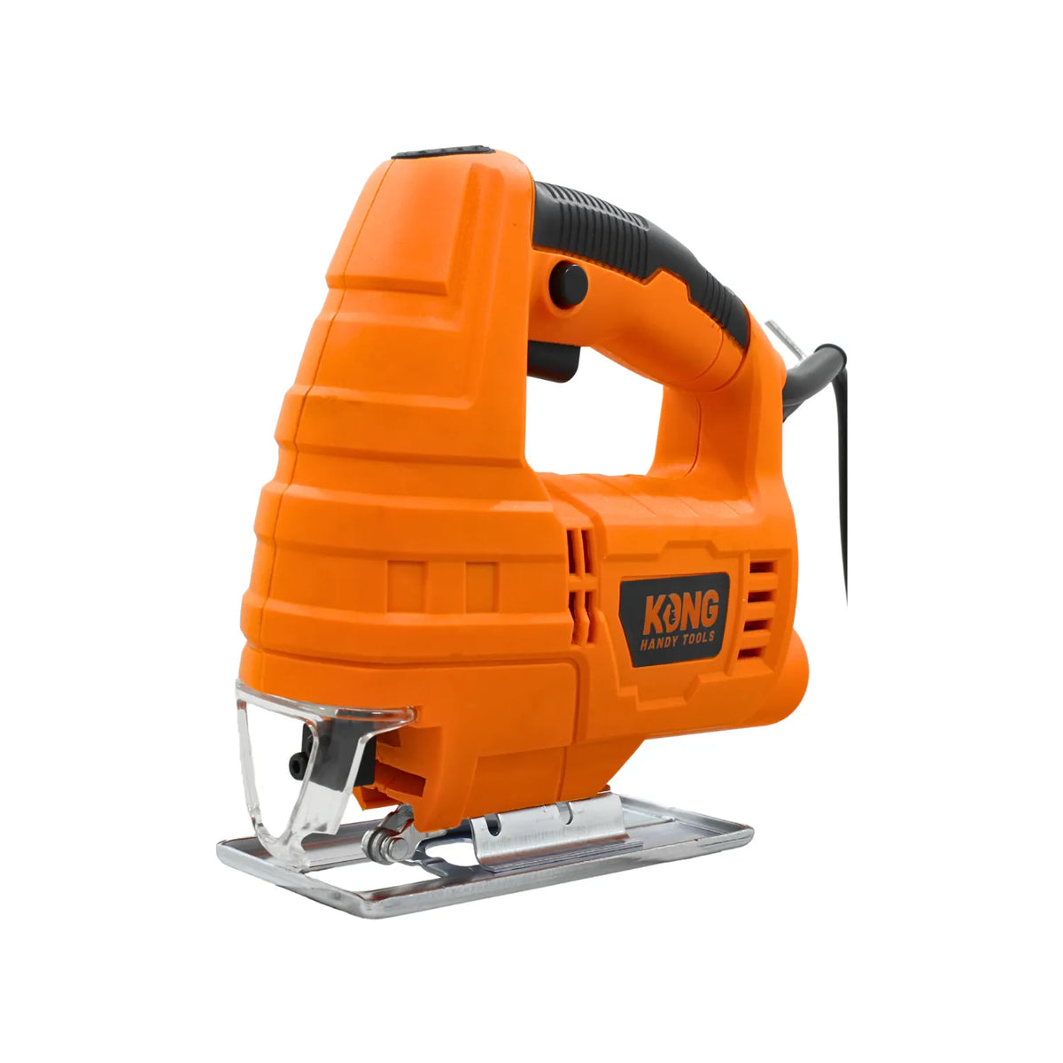 Sierra caladora eléctrica naranja marca KONG con mango ergonómico y base metálica para cortes precisos en madera.