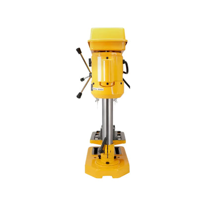 Taladro de banco amarillo de columna para taller con base de hierro y palanca de tres brazos para perforación precisa