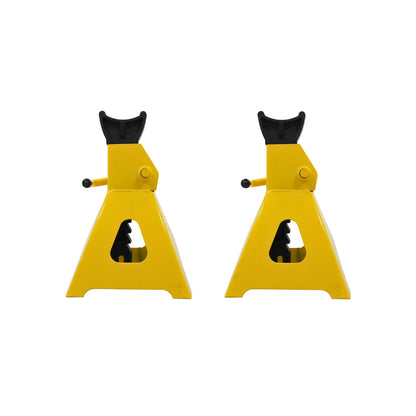 Par de torres de soporte para vehículos color amarillo con sistema de trinquete para taller mecánico.