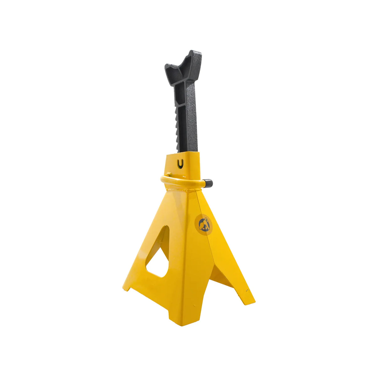 Caballete para auto amarillo con barra ajustable de hierro fundido y base reforzada para mecánica