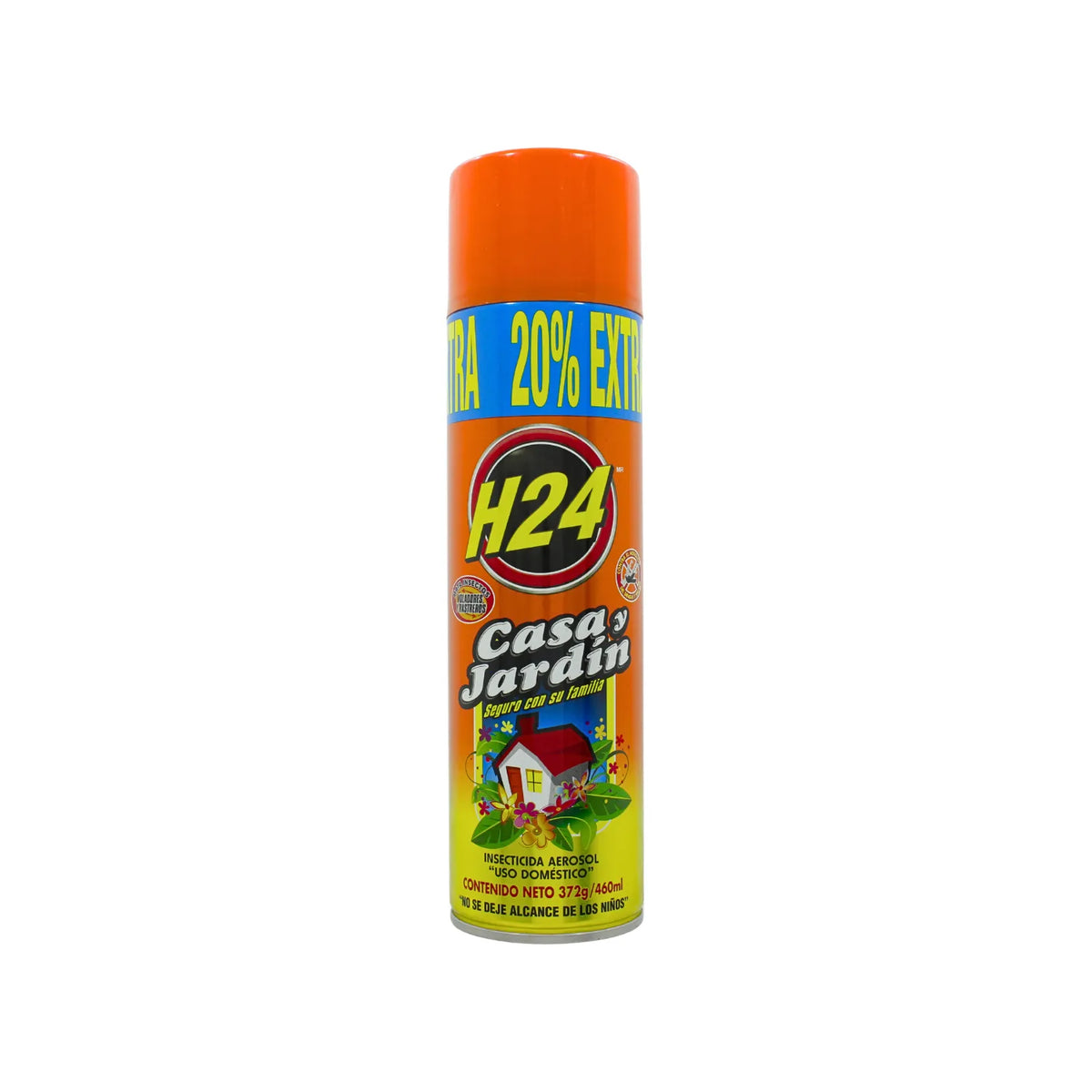 Insecticida en aerosol H24 Casa y Jardín 460ml para control de insectos voladores y rastreros en el hogar.