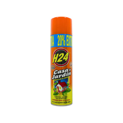 Insecticida en aerosol H24 Casa y Jardín 460ml para control de insectos voladores y rastreros en el hogar.