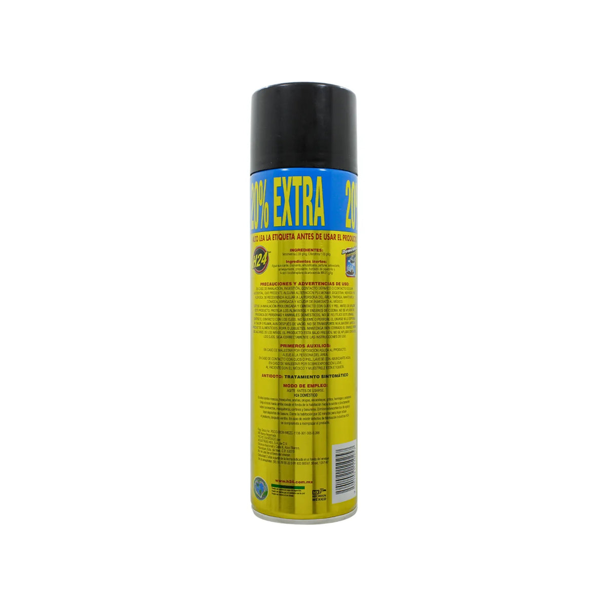 Insecticida H24 Doméstico en aerosol para moscas y mosquitos 20% extra envase amarillo y azul con tapa negra.