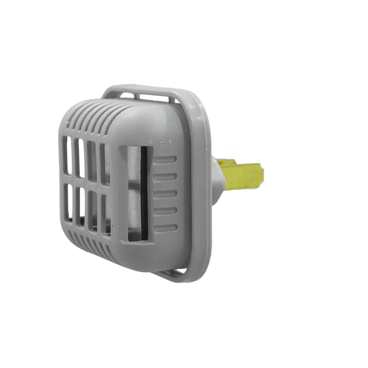 Aparato insecticida eléctrico gris con rejilla frontal para pastillas repelentes de mosquitos e insectos.