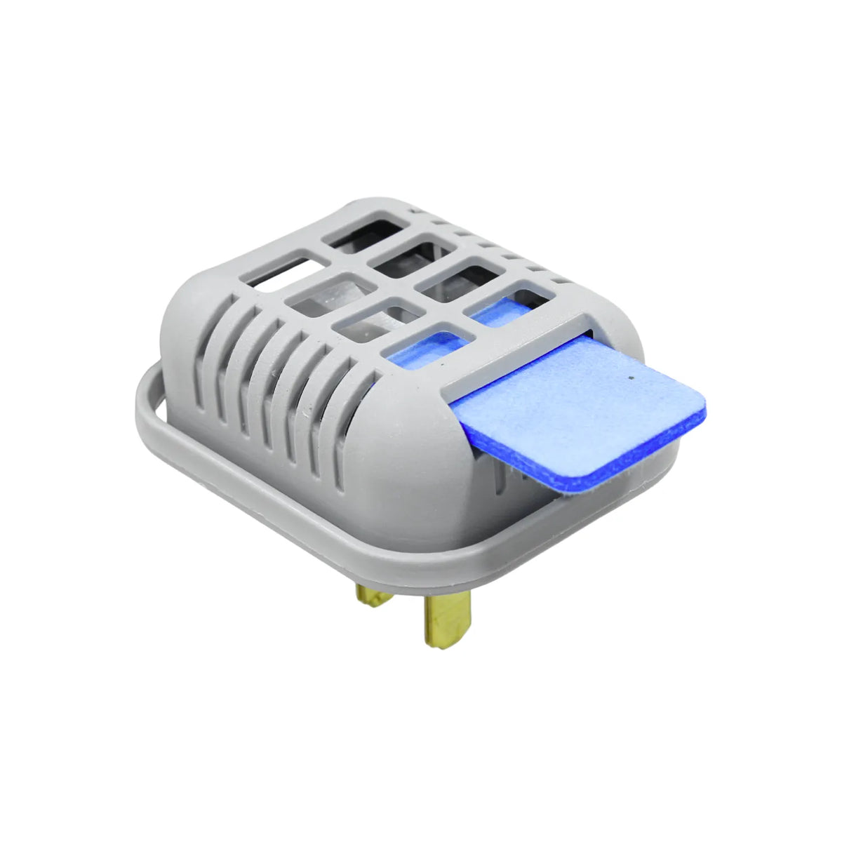 Difusor de insecticida eléctrico gris con tableta azul para protección contra mosquitos y zancudos en interiores.