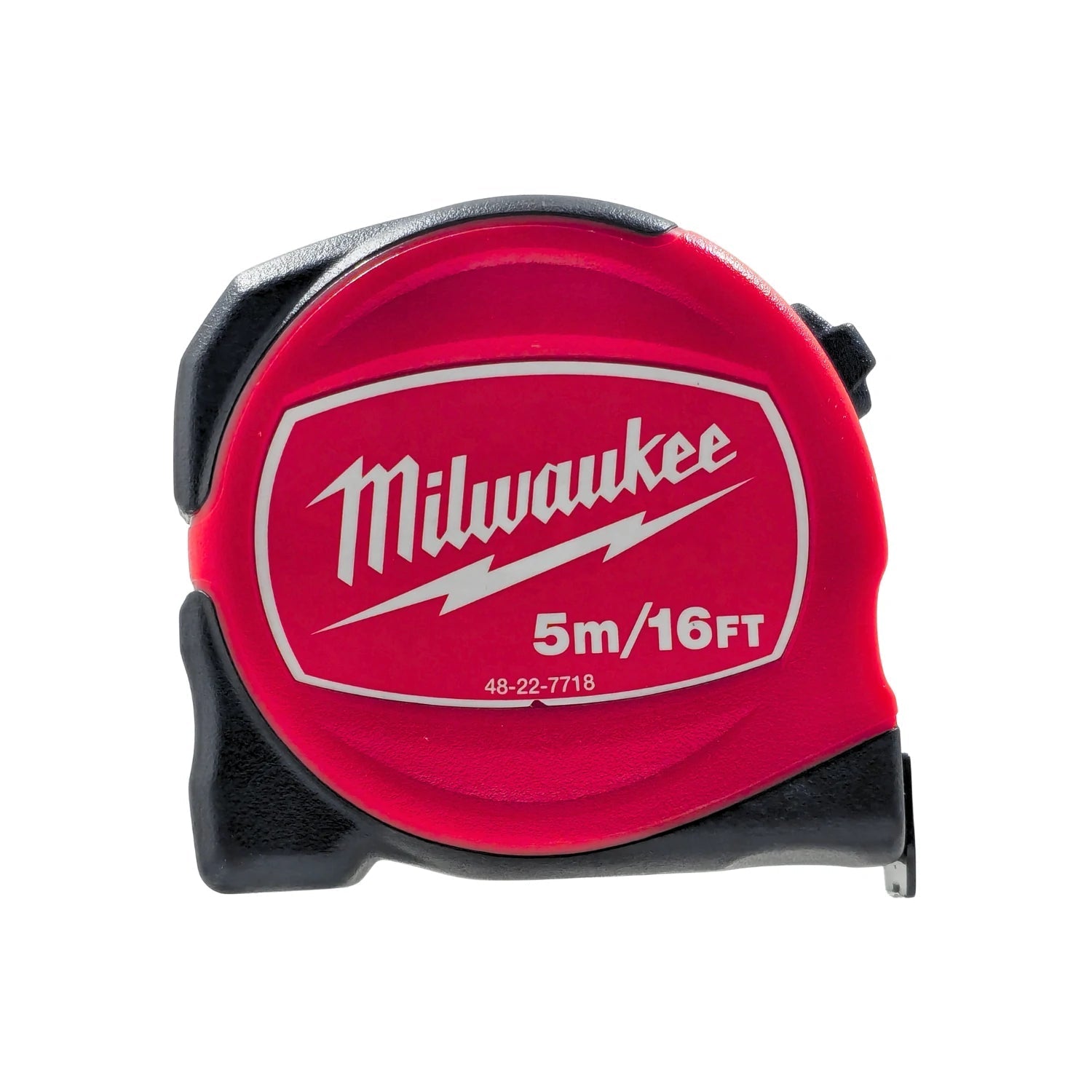 Flexómetro Milwaukee 5m/16ft rojo y negro modelo 48-22-7718 para medición precisa en obras y taller