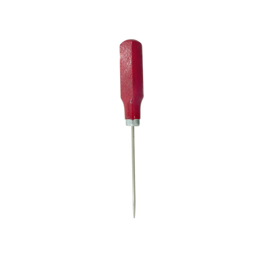 Punzón con mango rojo y punta de acero para marcar madera o metal en trabajos de bricolaje y carpintería.