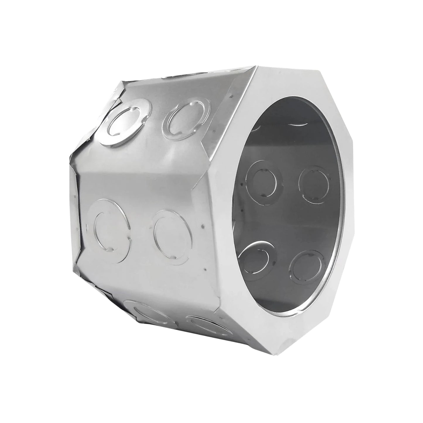 Bote integral octagonal metálico para instalaciones eléctricas, con orificios precortados para conduit.