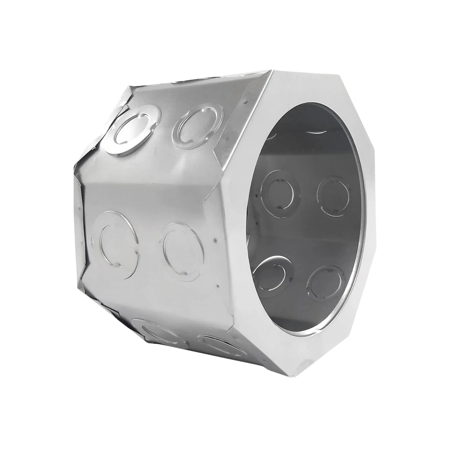 Bote integral octagonal metálico para instalaciones eléctricas, con orificios precortados para conduit.