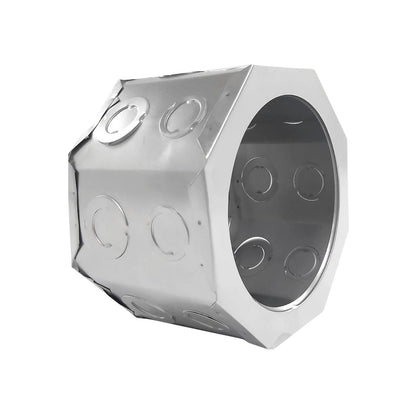 Bote integral octagonal metálico para instalaciones eléctricas, con orificios precortados para conduit.