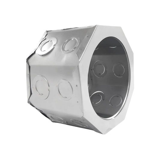 Bote integral octagonal metálico para instalaciones eléctricas, con orificios precortados para conduit.