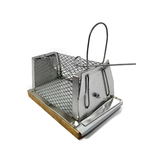 Ratonera de jaula de metal galvanizado con base de madera, trampa para ratas de captura viva con mecanismo de resorte.