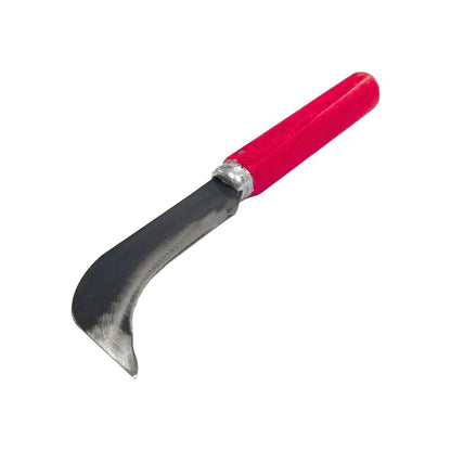 Cuchillo con hoja curva de acero pulido y mango rojo, herramienta de corte multiusos para trabajos de precisión en ferretería
