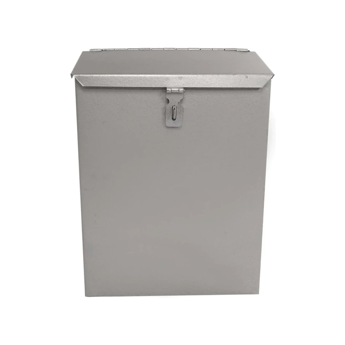 Buzón metálico gris reforzado con tapa inclinada y pestillo para candado, ideal para proteger correspondencia