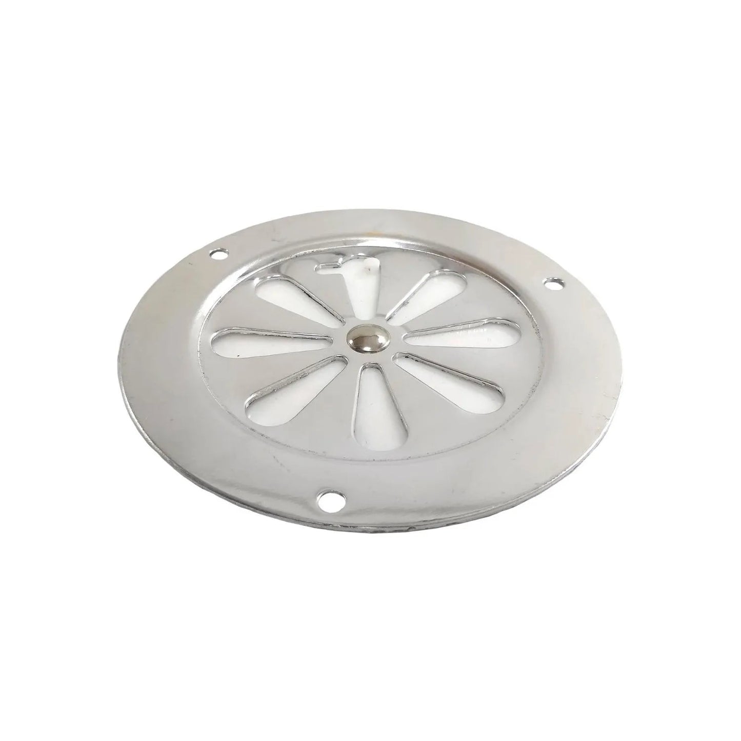Rejilla de aluminio brillante redonda para coladera, diseño tipo flor, con perforaciones para montaje.