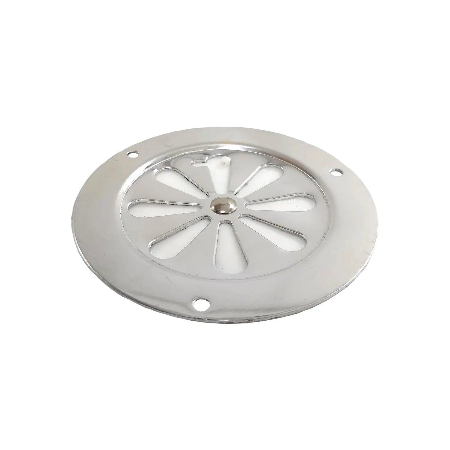 Rejilla de aluminio brillante redonda para coladera, diseño tipo flor, con perforaciones para montaje.