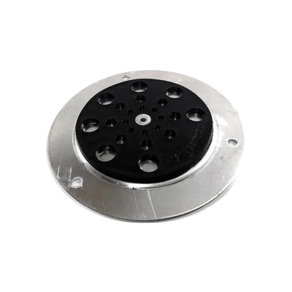 Rejilla de coladera de piso circular negra con diseño de hoyos, borde de aluminio plateado, para drenaje.