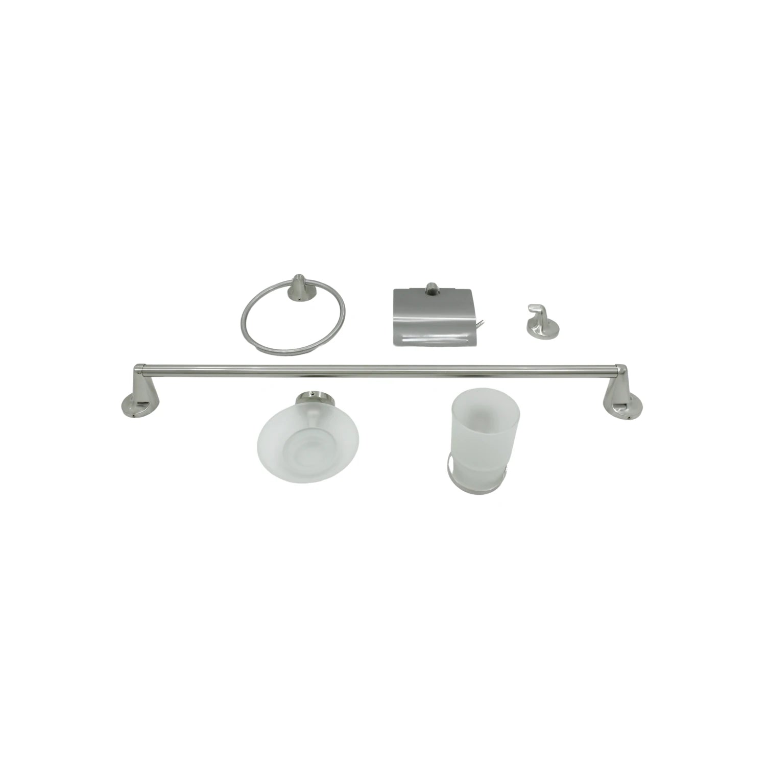 Juego de 6 accesorios de baño satinado: toallero, aro, portarrollos, gancho, jabonera y portavasos de cristal esmerilado.