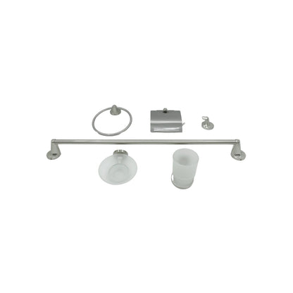 Juego de 6 accesorios de baño satinado: toallero, aro, portarrollos, gancho, jabonera y portavasos de cristal esmerilado.