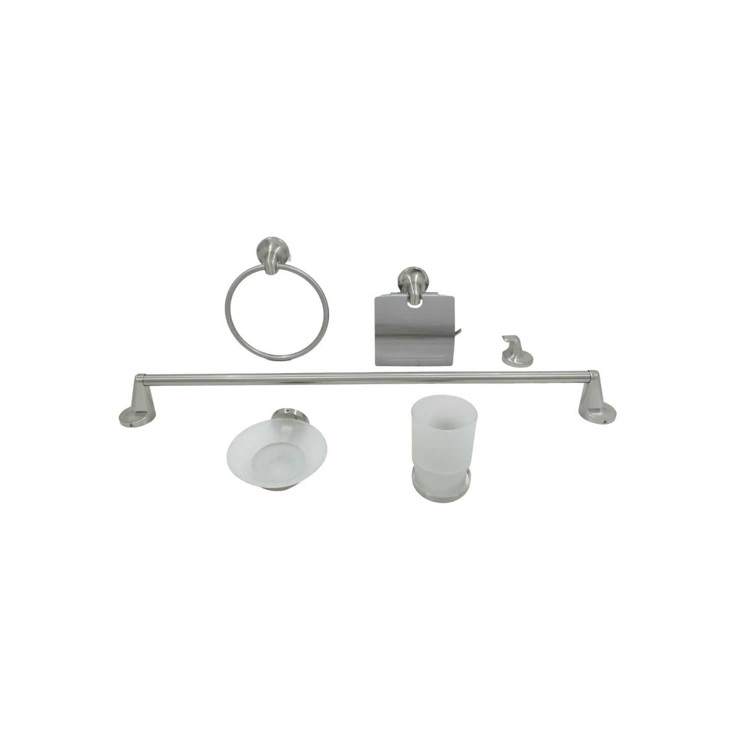 Juego completo de accesorios de baño satinado: toallero, aro, portarrollos, gancho, jabonera y vaso, níquel cepillado.