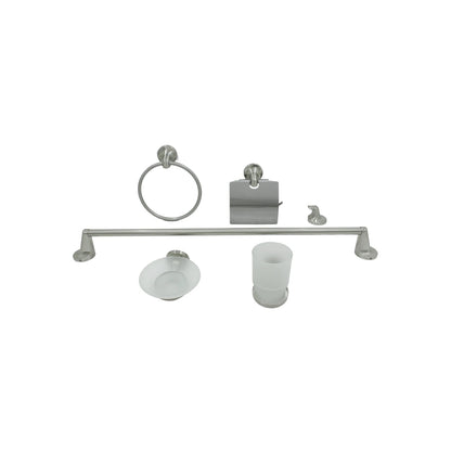 Juego completo de accesorios de baño satinado: toallero, aro, portarrollos, gancho, jabonera y vaso, níquel cepillado.