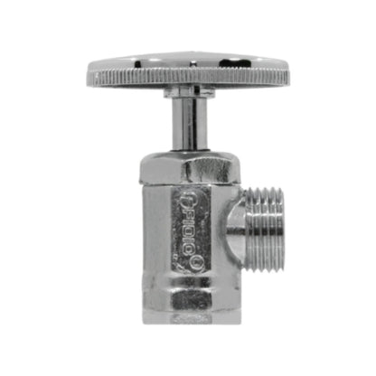 Llave angular de paso cromada FIOIO con rosca y perilla estriada para fontanería.