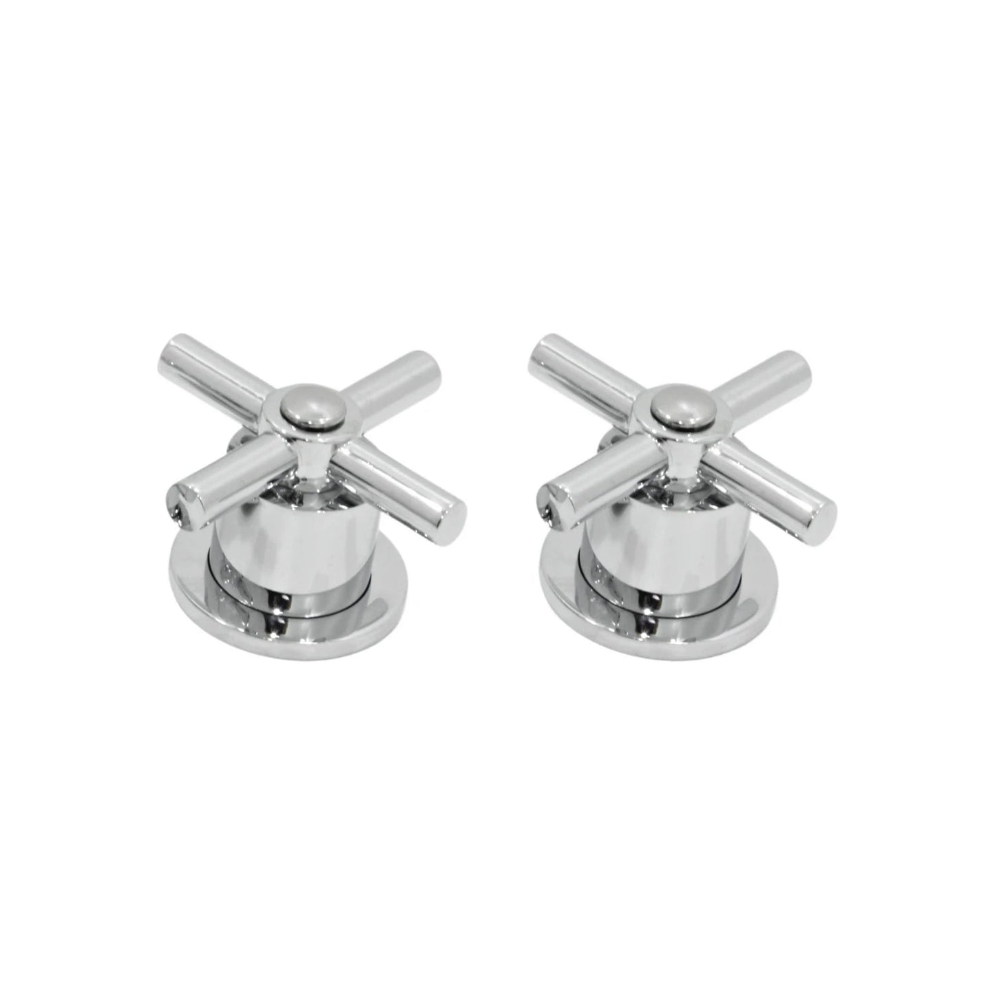 Par de manerales cromados tipo cruz para regadera o grifo de baño, de metal brillante para plomería moderna.